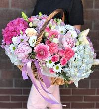 Цветочная композиция из Розы, Хризантемы, Пионы и Лизиантусы в корзине #REPLACE_PRED# Гидроузел