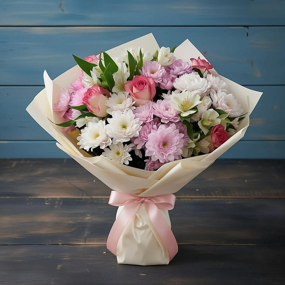 Букет цветов из: Хризантемы, Альстромерии и Розы в Гидроузел